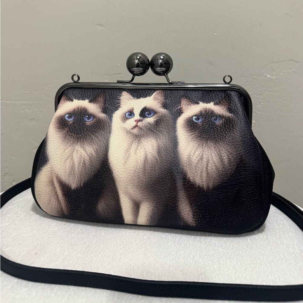Unique Cats Print Pebble Cowhide Handmade Large Ball Kisslock Handbag, Multi Use